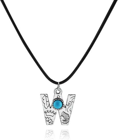 Silver Initial Necklace for Men Women Vintage Turquoise Initial Necklace A-Z26 Letter Pendant Necklace Western Cowboy Style Initial Necklace Leather Silver Initial Necklace in Saudi Arabia