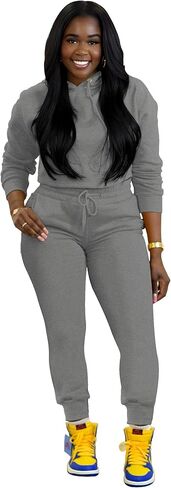 TOPSRANI ملابس نسائية مكونة من قطعتين بدلة رياضية بودي كون بدلة رياضية بغطاء للرأس سادة للركض وراكبي الدراجات النارية وأكمام طويلة أطقم بناطيل رمادي غامق S in Kuwait