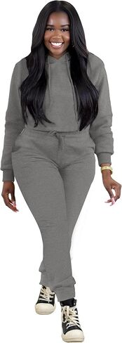 TOPSRANI ملابس نسائية مكونة من قطعتين بدلة رياضية بودي كون بدلة رياضية بغطاء للرأس سادة للركض وراكبي الدراجات النارية وأكمام طويلة أطقم بناطيل رمادي غامق S in Kuwait