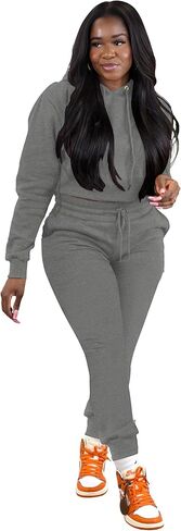 TOPSRANI ملابس نسائية مكونة من قطعتين بدلة رياضية بودي كون بدلة رياضية بغطاء للرأس سادة للركض وراكبي الدراجات النارية وأكمام طويلة أطقم بناطيل رمادي غامق S in Kuwait