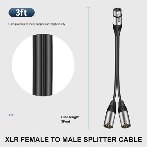 Kumiho XLR كابل الفاصل XLR Y كابل الفاصل 2 أنثى إلى 1 ذكر، كابل XLR Y 1 ذكر 2 أنثى متوازن ميكروفون الفاصل محول الصوت 1.5 قدم in Kuwait