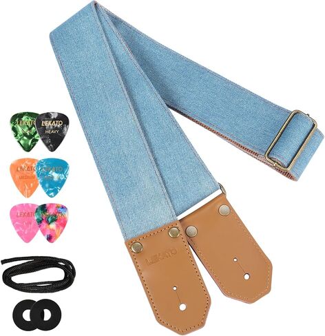 LEKATO Guitar Strap with Cowhide Leather Ends Western Denim Straps for Acoustic Electric Bass Guitar Includes 6 Picks & Strap Locks & Headstock Tie Best Gift for Men Women Guitarists And Musicians in Kuwait