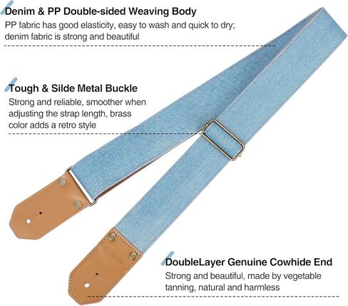 LEKATO Guitar Strap with Cowhide Leather Ends Western Denim Straps for Acoustic Electric Bass Guitar Includes 6 Picks & Strap Locks & Headstock Tie Best Gift for Men Women Guitarists And Musicians in Kuwait