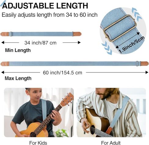LEKATO Guitar Strap with Cowhide Leather Ends Western Denim Straps for Acoustic Electric Bass Guitar Includes 6 Picks & Strap Locks & Headstock Tie Best Gift for Men Women Guitarists And Musicians in Kuwait