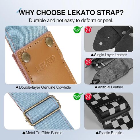 LEKATO Guitar Strap with Cowhide Leather Ends Western Denim Straps for Acoustic Electric Bass Guitar Includes 6 Picks & Strap Locks & Headstock Tie Best Gift for Men Women Guitarists And Musicians in Kuwait