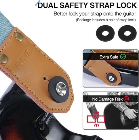 LEKATO Guitar Strap with Cowhide Leather Ends Western Denim Straps for Acoustic Electric Bass Guitar Includes 6 Picks & Strap Locks & Headstock Tie Best Gift for Men Women Guitarists And Musicians in Kuwait