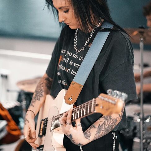 LEKATO Guitar Strap with Cowhide Leather Ends Western Denim Straps for Acoustic Electric Bass Guitar Includes 6 Picks & Strap Locks & Headstock Tie Best Gift for Men Women Guitarists And Musicians in Kuwait