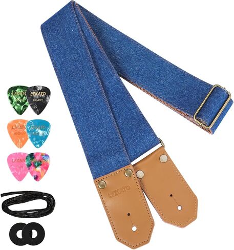 LEKATO Guitar Strap with Cowhide Leather Ends Western Denim Straps for Acoustic Electric Bass Guitar Includes 6 Picks & Strap Locks & Headstock Tie Best Gift for Men Women Guitarists And Musicians in Kuwait