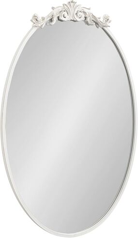 مرآة حائط بيضاوية عمودية تقليدية من كيت ولوريل أريندال، مقاس 24 × 36، باللون الأبيض العتيق، مرآة زينة مستديرة مستوحاة من الطراز الباروكي مع تاج مزخرف in Kuwait