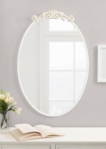 مرآة حائط بيضاوية عمودية تقليدية من كيت ولوريل أريندال، مقاس 24 × 36، باللون الأبيض العتيق، مرآة زينة مستديرة مستوحاة من الطراز الباروكي مع تاج مزخرف in Kuwait