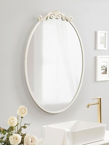 مرآة حائط بيضاوية عمودية تقليدية من كيت ولوريل أريندال، مقاس 24 × 36، باللون الأبيض العتيق، مرآة زينة مستديرة مستوحاة من الطراز الباروكي مع تاج مزخرف in Kuwait