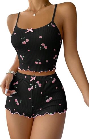 Women's 2 Piece Pajama Set Cherry Spaghetti Strap Bow Cami Tops and Shorts Set Cute Soft Sleepwear in Saudi Arabia