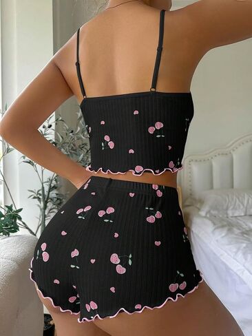 Women's 2 Piece Pajama Set Cherry Spaghetti Strap Bow Cami Tops and Shorts Set Cute Soft Sleepwear in Saudi Arabia