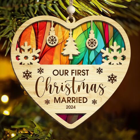 Wedding Gifts for Couples 2024 Our First Christmas Married Ornament 2-Layer Suncatcher Wood First Year Newlywed Newlywed Gifts Ornaments in Saudi Arabia