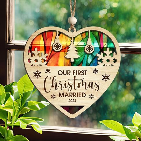 Wedding Gifts for Couples 2024 Our First Christmas Married Ornament 2-Layer Suncatcher Wood First Year Newlywed Newlywed Gifts Ornaments in Saudi Arabia