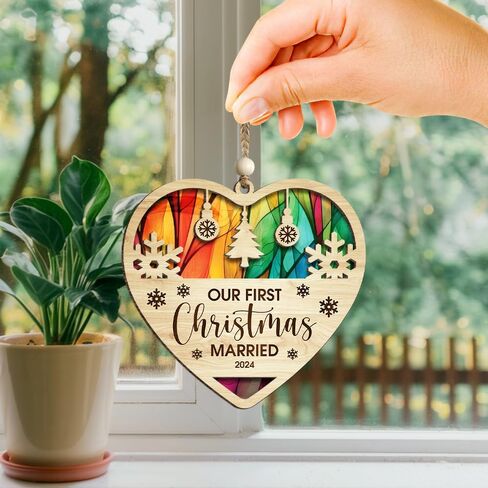 Wedding Gifts for Couples 2024 Our First Christmas Married Ornament 2-Layer Suncatcher Wood First Year Newlywed Newlywed Gifts Ornaments in Saudi Arabia