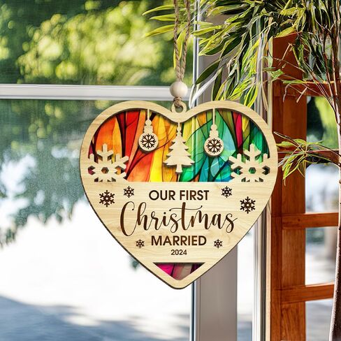 Wedding Gifts for Couples 2024 Our First Christmas Married Ornament 2-Layer Suncatcher Wood First Year Newlywed Newlywed Gifts Ornaments in Saudi Arabia