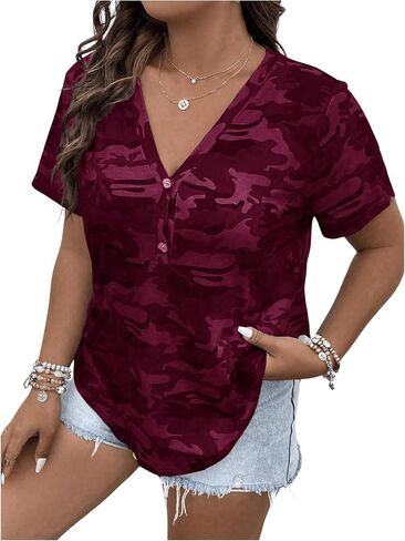 Women's Plus Size Tops Short Sleeve Camo Tee Loose Fit Half Button V Neck Tees Shirts in Saudi Arabia