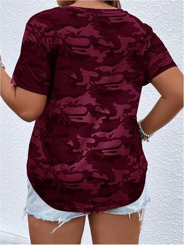 Women's Plus Size Tops Short Sleeve Camo Tee Loose Fit Half Button V Neck Tees Shirts in Saudi Arabia