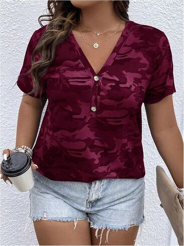 Women's Plus Size Tops Short Sleeve Camo Tee Loose Fit Half Button V Neck Tees Shirts in Saudi Arabia