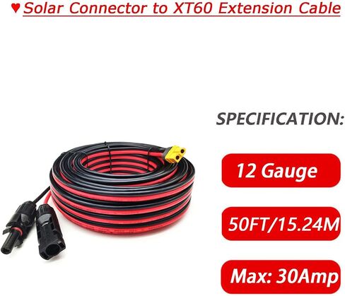 كابل شحن محول الطاقة الشمسية XT60 بطول 50 قدمًا، كابل الطاقة الشمسية إلى XT60 بطول 50 قدمًا من النحاس المعلب سلك تمديد للطاقة الشمسية 12AWG لبطاريات LifePo4 ومحطات الطاقة ومولدات الطاقة الشمسية in Kuwait