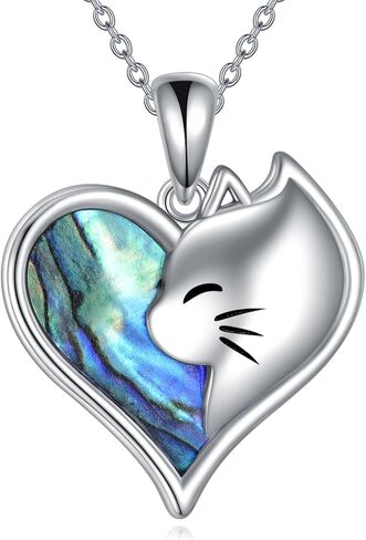 Cat Necklace for Women 925 Sterling Silver Heart Necklace Abalone Shell Cat Pendant Jewelry Gifts for Mom in Saudi Arabia