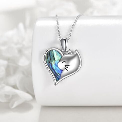 Cat Necklace for Women 925 Sterling Silver Heart Necklace Abalone Shell Cat Pendant Jewelry Gifts for Mom in Saudi Arabia