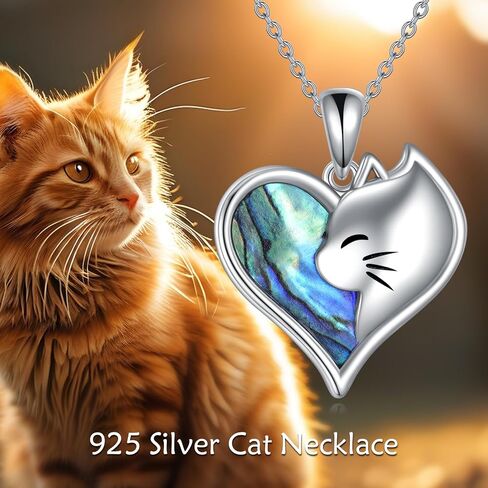 Cat Necklace for Women 925 Sterling Silver Heart Necklace Abalone Shell Cat Pendant Jewelry Gifts for Mom in Saudi Arabia
