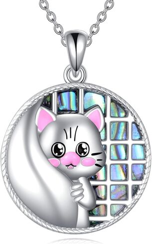 Cat Necklace for Women 925 Sterling Silver Heart Necklace Abalone Shell Cat Pendant Jewelry Gifts for Mom in Saudi Arabia