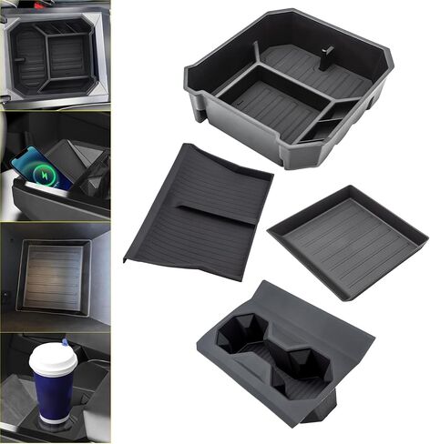 4PCS Center Console Organizer Tray with Wireless Charging Silicone Pad and Cup Holder Insert Armrest Bottom Rubber Tray for Tesla Cybertruck 2024 2025 Interior Accessories Storage Box in Saudi Arabia