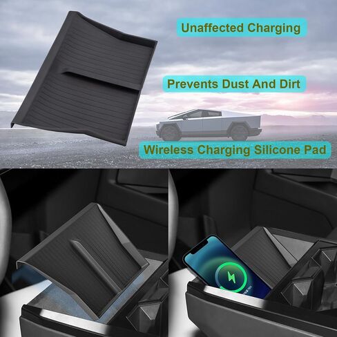 4PCS Center Console Organizer Tray with Wireless Charging Silicone Pad and Cup Holder Insert Armrest Bottom Rubber Tray for Tesla Cybertruck 2024 2025 Interior Accessories Storage Box in Saudi Arabia
