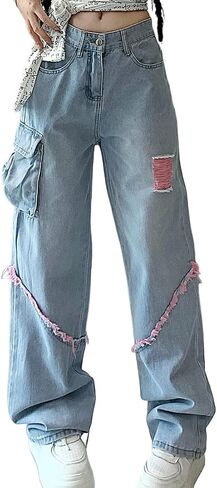 Grunge Y2K Goth Vintage Casual High Rise Loose Straight Wide Leg Pink Ripped Frayed Raw Trim Cargo Jean Pants in Saudi Arabia
