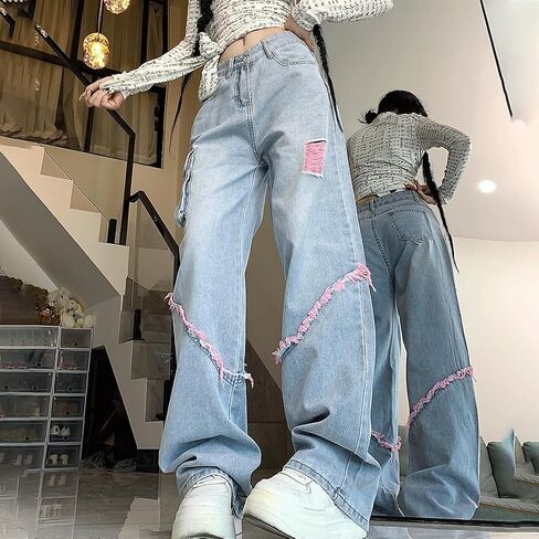 Grunge Y2K Goth Vintage Casual High Rise Loose Straight Wide Leg Pink Ripped Frayed Raw Trim Cargo Jean Pants in Saudi Arabia