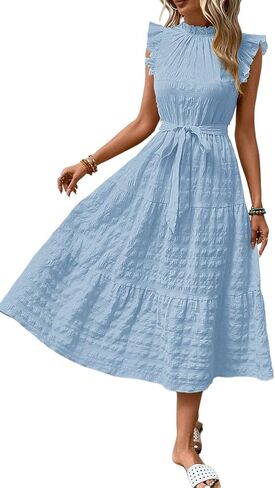 SISKIN Summer Casual Flutter Short Sleeve Midi Dress,Solid Ruffle Trim Belted Dress,Boho Dresses for Women 2025 Spring Casual in Saudi Arabia