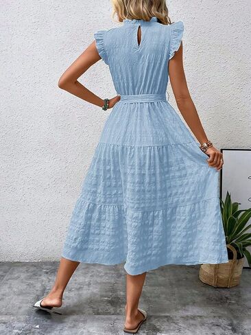 SISKIN Summer Casual Flutter Short Sleeve Midi Dress,Solid Ruffle Trim Belted Dress,Boho Dresses for Women 2025 Spring Casual in Saudi Arabia