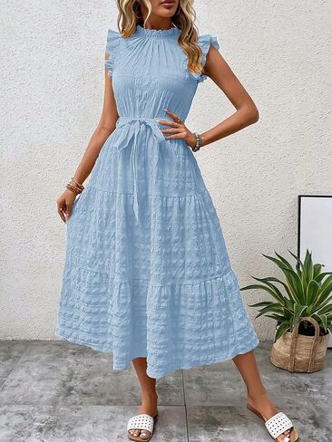 SISKIN Summer Casual Flutter Short Sleeve Midi Dress,Solid Ruffle Trim Belted Dress,Boho Dresses for Women 2025 Spring Casual in Saudi Arabia