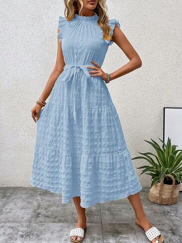 SISKIN Summer Casual Flutter Short Sleeve Midi Dress,Solid Ruffle Trim Belted Dress,Boho Dresses for Women 2025 Spring Casual in Saudi Arabia