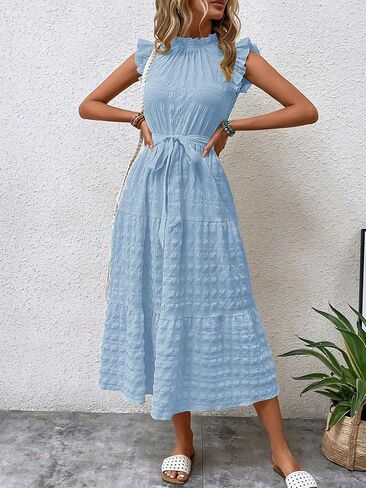 SISKIN Summer Casual Flutter Short Sleeve Midi Dress,Solid Ruffle Trim Belted Dress,Boho Dresses for Women 2025 Spring Casual in Saudi Arabia