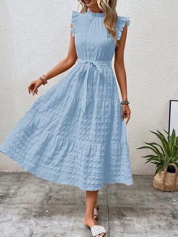 SISKIN Summer Casual Flutter Short Sleeve Midi Dress,Solid Ruffle Trim Belted Dress,Boho Dresses for Women 2025 Spring Casual in Saudi Arabia
