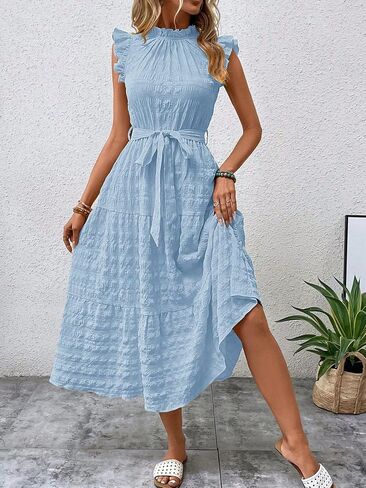 SISKIN Summer Casual Flutter Short Sleeve Midi Dress,Solid Ruffle Trim Belted Dress,Boho Dresses for Women 2025 Spring Casual in Saudi Arabia