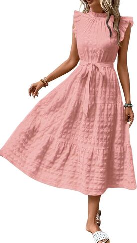 SISKIN Summer Casual Flutter Short Sleeve Midi Dress,Solid Ruffle Trim Belted Dress,Boho Dresses for Women 2025 Spring Casual in Saudi Arabia