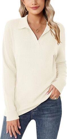 Romanstii Women's Knitted Collared Sweaters Long Sleeve V-Neck Polo Shirts Winter Pullover Tops in Kuwait