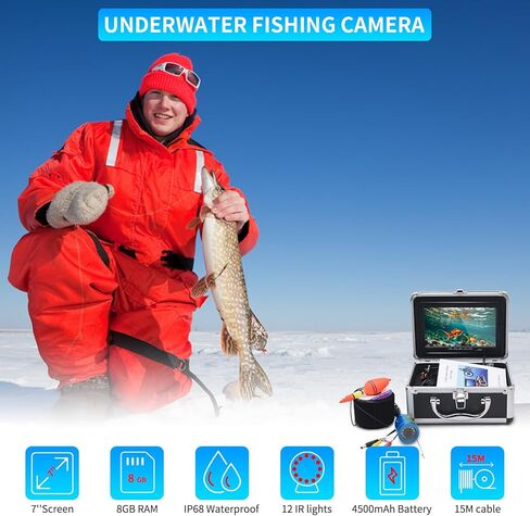 كاميرا جيلو لصيد الأسماك تحت الماء، جهاز كشف الأسماك بالفيديو DVR المحمول، كاميرا لصيد الأسماك على الجليد مع شاشة LCD مقاس 7 بوصات، مكتشفات عمق مقاومة للماء 1000TVL مع 12 قطعة من أضواء الأشعة تحت الحمراء للبحيرة والقوارب وصيد الأسماك على الجليد in Kuwait