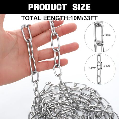 50 ft Stainless Steel Hanging Chain Metal Chain Link Light Duty Chain Utility Chain Jack Chain for Home Outdoor Camping Hanging, Thickness 0.08 inches (2mm*15m) in Kuwait