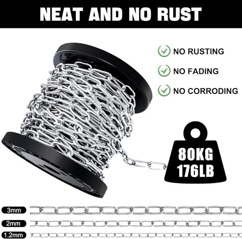 50 ft Stainless Steel Hanging Chain Metal Chain Link Light Duty Chain Utility Chain Jack Chain for Home Outdoor Camping Hanging, Thickness 0.08 inches (2mm*15m) in Kuwait