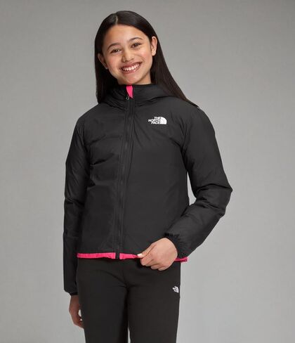 سترة بغطاء للرأس للفتيات من North Face ذات وجهين، مرجاني لامع، متوسط in Saudi Arabia