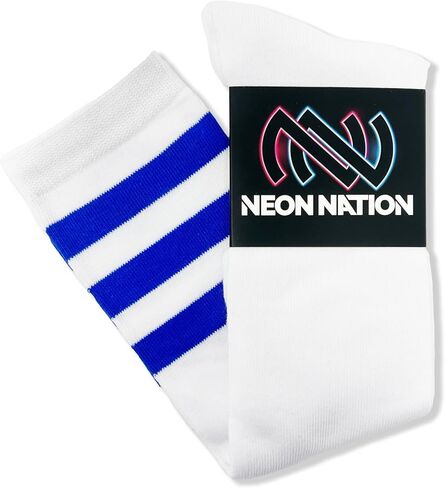 NEON NATION Unisex White Knee High Team Tube Socks with Various Colored Stripes in Kuwait