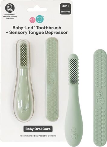 ezpz Baby-Led Toothbrush (3 Months + Sage) - 100% Silicone Infant Toothbrush with Sensory Bumps - Cleans Gums+New Teeth - Improves Hand to Mouth Coordination+Self-Feeding Skills - 1 Count (Pack of 1) in Kuwait
