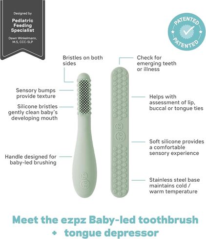 ezpz Baby-Led Toothbrush (3 Months + Sage) - 100% Silicone Infant Toothbrush with Sensory Bumps - Cleans Gums+New Teeth - Improves Hand to Mouth Coordination+Self-Feeding Skills - 1 Count (Pack of 1) in Kuwait