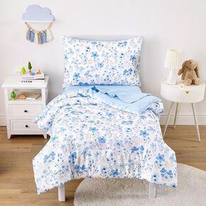Wake In Cloud - Floral Toddler Bedding Set for Girls, Cute Colorful Botanical Flowers, 4 Pieces Soft Crib Bed Set Including Comforter, Sheets and Pillowcase, Orange Cream